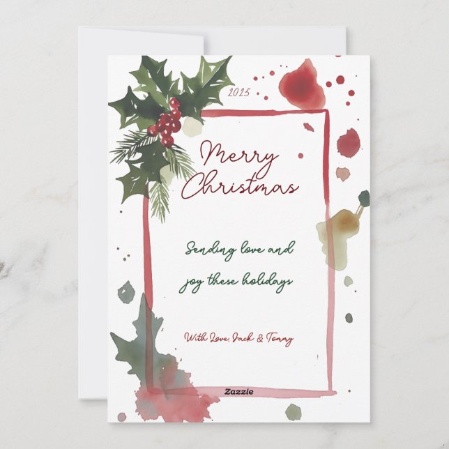 Tarjeta Festiva Watercolor Holly Berries Christmas Tree Holiday (Reverso)