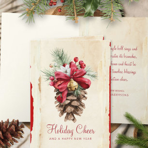 Tarjeta Festiva Watercolor Holly Berries Pine Cones Red Jingle
