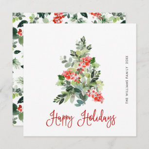 Tarjeta Festiva Watercolor Holly Berry Christmas Tree Greding