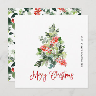 Tarjeta Festiva Watercolor Holly Berry Christmas Tree Greding