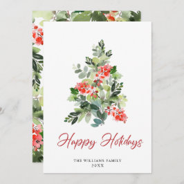 Tarjeta Festiva Watercolor Holly Berry Christmas Tree Greding