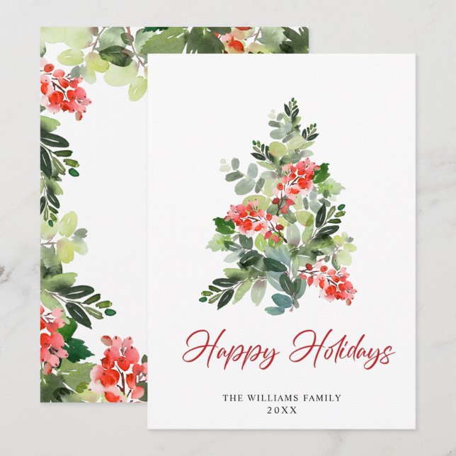 Tarjeta Festiva Watercolor Holly Berry Christmas Tree Greding (Anverso / Reverso)