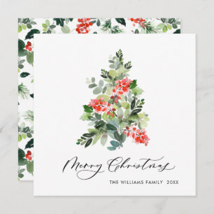 Tarjeta Festiva Watercolor Holly Berry Christmas Tree Greding