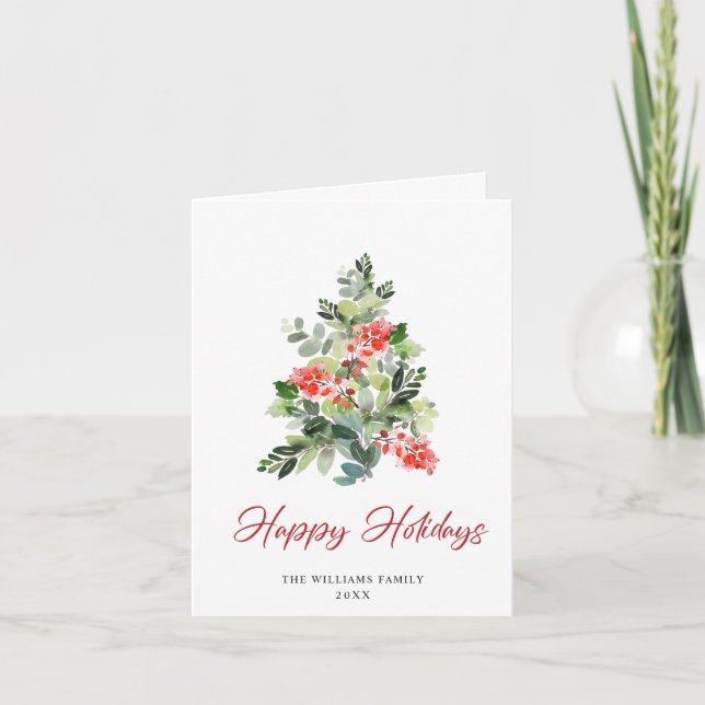 Tarjeta Festiva Watercolor Holly Berry Christmas Tree Greding (Anverso)