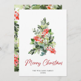 Tarjeta Festiva Watercolor Holly Berry Christmas Tree Greding