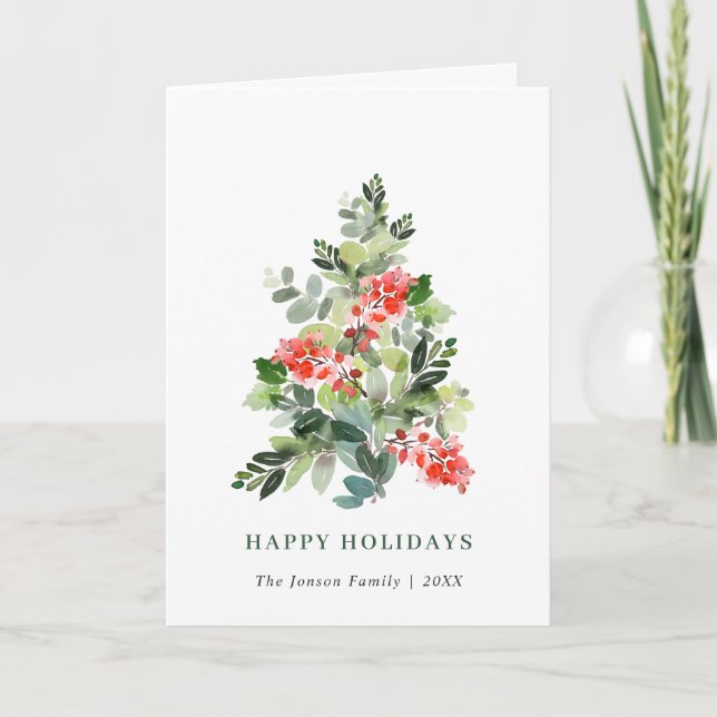 Tarjeta Festiva Watercolor Holly Berry Christmas Tree Greding (Anverso)