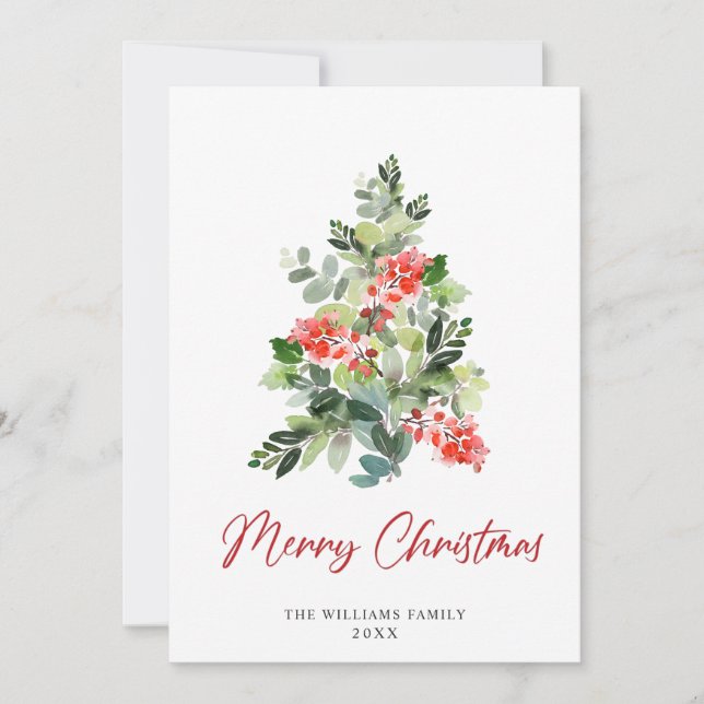 Tarjeta Festiva Watercolor Holly Berry Christmas Tree Greding (Anverso)