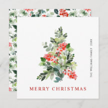Watercolor Holly Berry Christmas Tree Greding