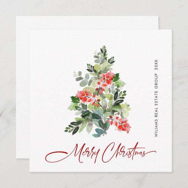 Tarjeta Festiva Watercolor Holly Berry Christmas Tree Greding (Anverso / Reverso)