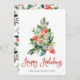 Tarjeta Festiva Watercolor Holly Berry Christmas Tree Greding