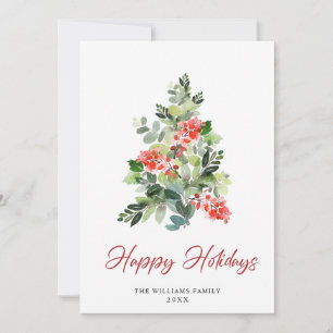 Tarjeta Festiva Watercolor Holly Berry Christmas Tree Greding