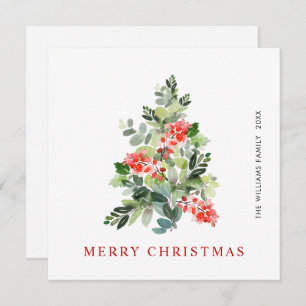 Tarjeta Festiva Watercolor Holly Berry Christmas Tree Greding