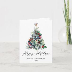 Tarjeta Festiva Watercolor Holly Berry Christmas Tree Greding