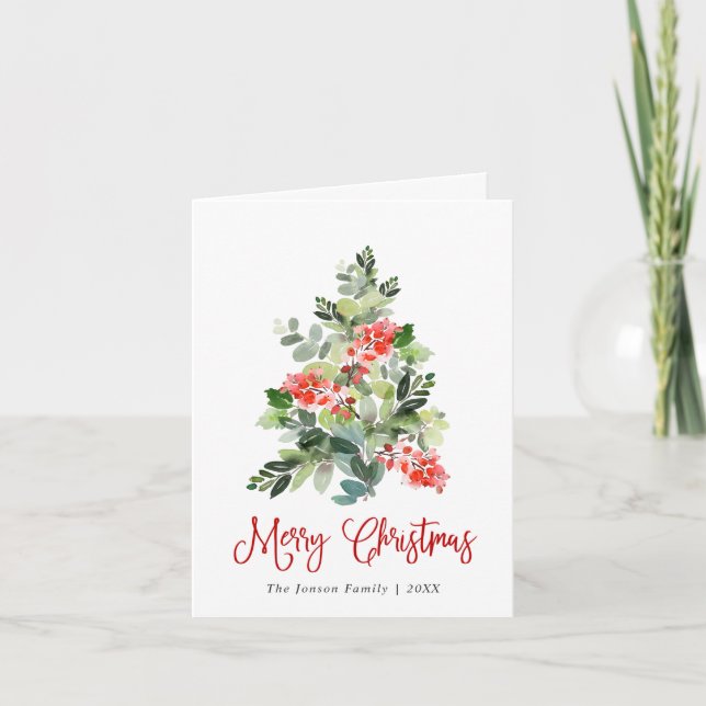 Tarjeta Festiva Watercolor Holly Berry Christmas Tree Greding (Anverso)