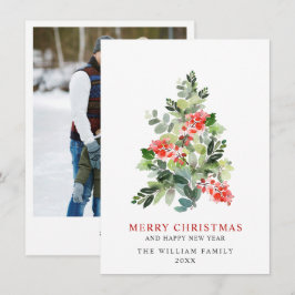 Tarjeta Festiva Watercolor Holly Berry Christmas Tree Greding