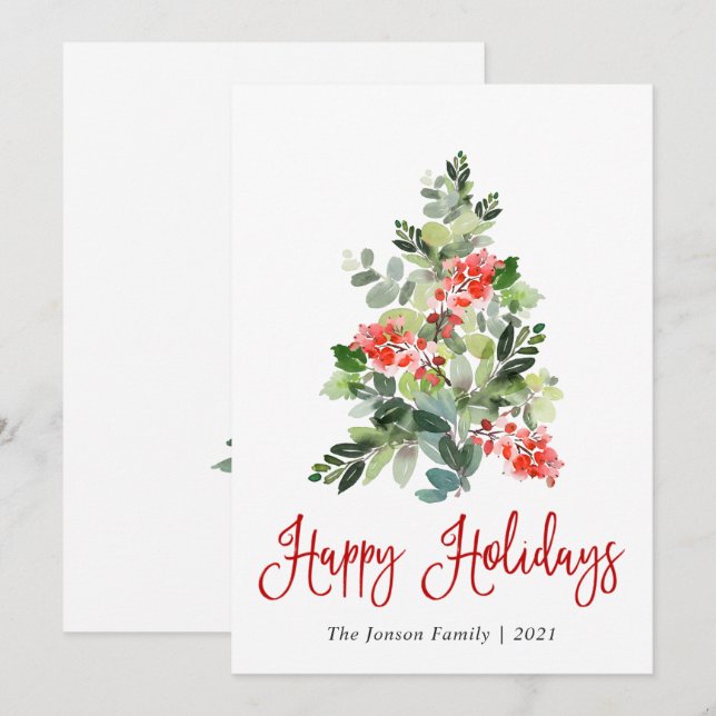 Tarjeta Festiva Watercolor Holly Berry Christmas Tree Greding (Anverso / Reverso)