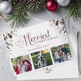 Tarjeta Festiva Watercolor Holly Berry Family Photo Christmas Card