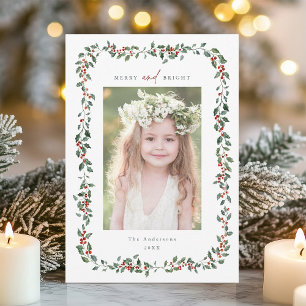 Tarjeta Festiva Watercolor Holly Berry Frame Merry & Bright Photo