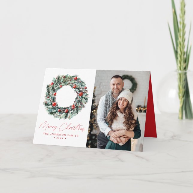 Tarjeta Festiva Watercolor Holly Berry & Greenery Wreath 2 Foto (Anverso)