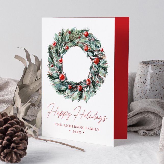 Tarjeta Festiva Watercolor Holly Berry & Greenery Wreath no foto (Subido por el creador)