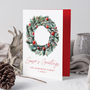 Tarjeta Festiva Watercolor Holly Berry & Greenery Wreath no foto