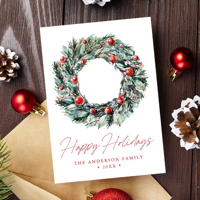 Tarjeta Festiva Watercolor Holly Berry & Greenery Wreath no foto (Subido por el creador)