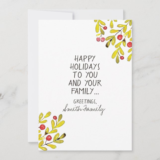 Tarjeta Festiva Watercolor Holly Felices Fiestas Saludos (Anverso)