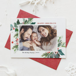 Tarjeta Festiva Watercolor Holly Foto de Felices Fiestas Botánicas