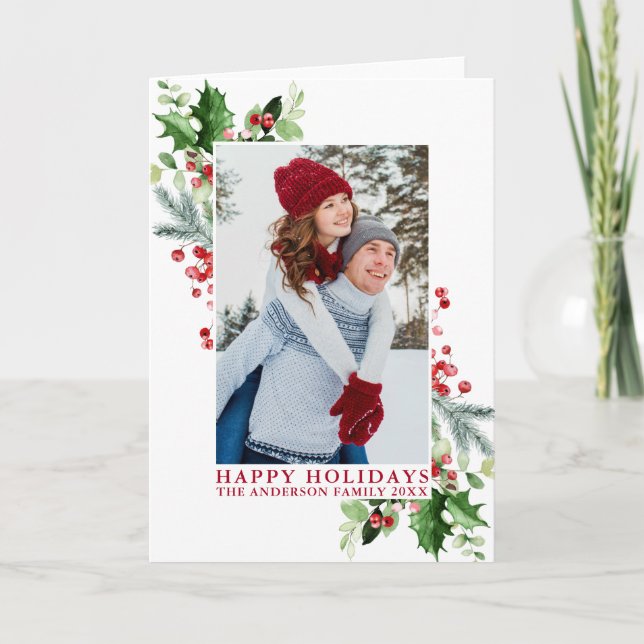 Tarjeta Festiva Watercolor Holly Greenery Foto Rojo Doblado (Anverso)