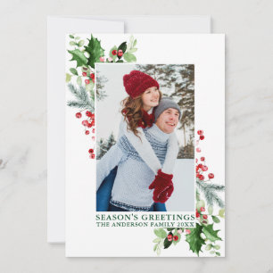Tarjeta Festiva Watercolor Holly Greenery Season Greetings Green