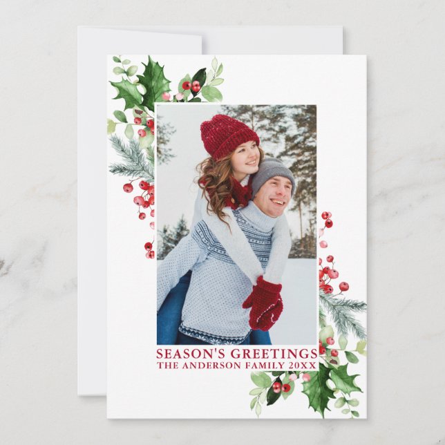 Tarjeta Festiva Watercolor Holly Greenery Season's Greetings Red (Anverso)