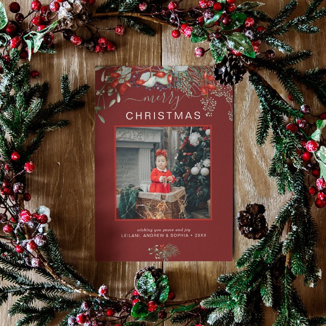 Tarjeta Festiva Watercolor Holly Merry Christmas Photo Burgundy (You will love these beautiful Christmas cards! They feature botanical watercolor pine and berries.)