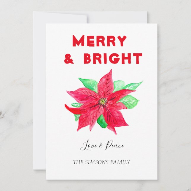 Tarjeta Festiva Watercolor Holly Merry y Bright (Anverso)