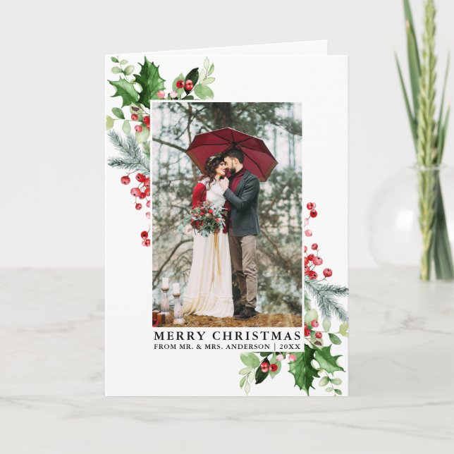 Tarjeta Festiva Watercolor Holly Navidades Greenery Boda Fold (Anverso)