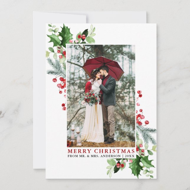 Tarjeta Festiva Watercolor Holly Navidades Greenery Red Boda (Anverso)
