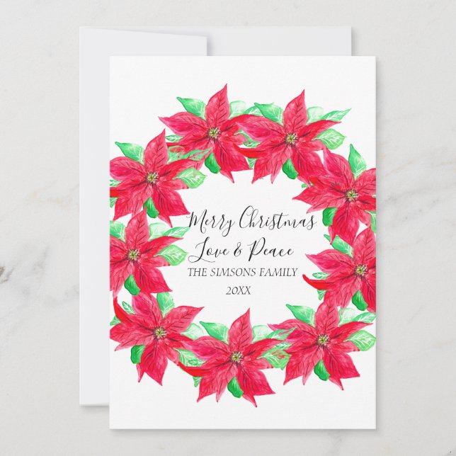 Tarjeta Festiva Watercolor Holly Navidades Poinsettia Wreath (Anverso)