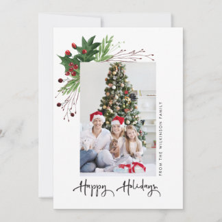 Tarjeta Festiva Watercolor Holly Photo Family Felices Fiestas
