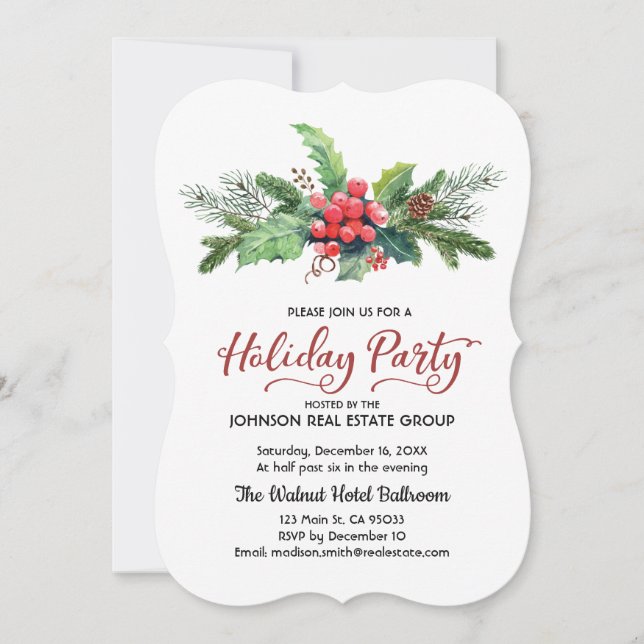 Tarjeta Festiva Watercolor Holly Pine & Berry | Vacaciones (Anverso)