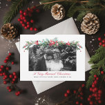 Tarjeta Festiva Watercolor Holly Pine Elegant Wedding Photo<br><div class="desc">Acuarela de mano pintada de humedales de invierno a través de una foto de paisaje con fondo de color personalizado. Personalizar para añadir más texto o más fotos al reverso.</div>