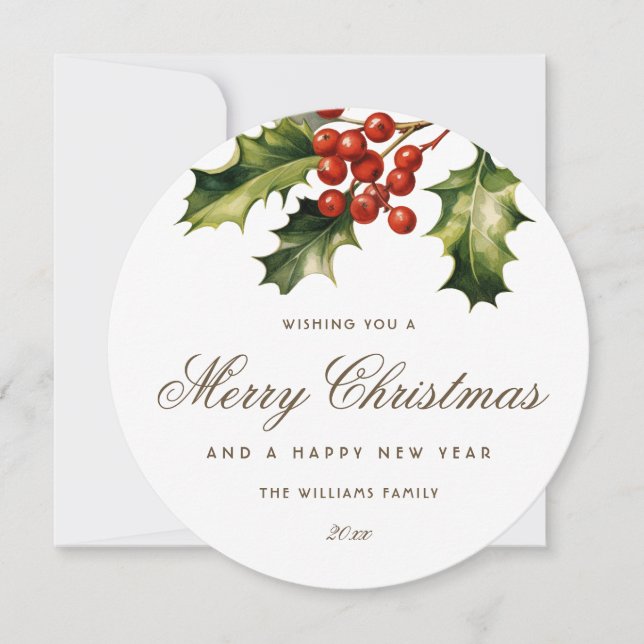 Tarjeta Festiva Watercolor Holly Red Berries Elegante (Anverso)