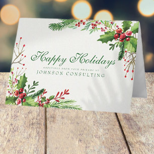 Tarjeta Festiva Watercolor Holly   Saludos navideños