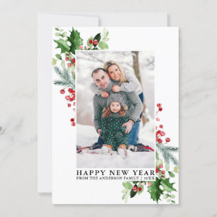 Tarjeta Festiva Watercolor Holly Winter Greenery Photo New Year