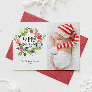 Tarjeta Festiva Watercolor Holly Wreath Happy New Year 2025 Photo