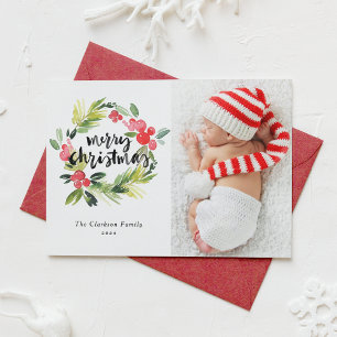 Tarjeta Festiva Watercolor Holly Wreath Merry Christmas Photo