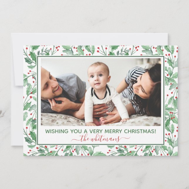 Tarjeta Festiva Watercolor Holly y Berries Photo (Anverso)