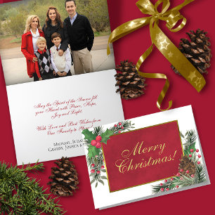 Tarjeta Festiva Watercolor Holly y Pine Photo Inside Navidades