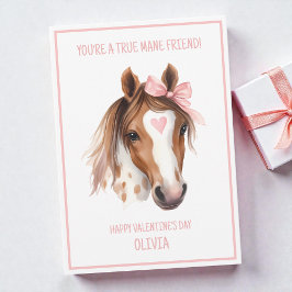 Tarjeta Festiva Watercolor Horse Pink Bow Cute Kids Valentine