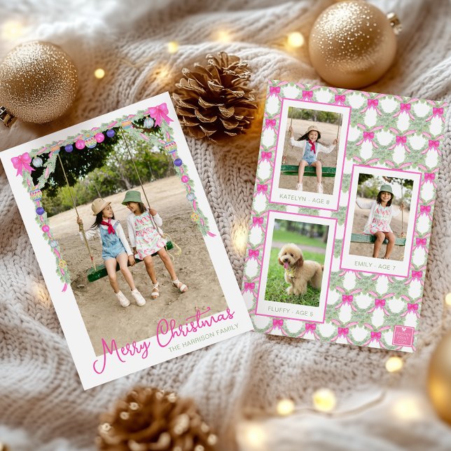 Tarjeta Festiva Watercolor Hot Pink Bows Garland Christmas Photo (Subido por el creador)