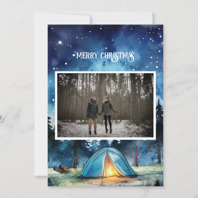 Tarjeta Festiva Watercolor Invierno Camping Pareja de Navidades Fo (Anverso)