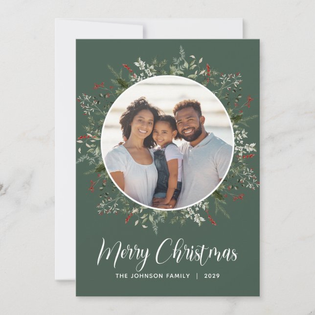 Tarjeta Festiva Watercolor Invierno Foto Botánica Verde (Anverso)